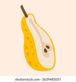 Pear fruit icon. Ripe sweet organic cutted slice of pear, abstract fresh delicious summer garden fruits for healthy diet, half of pear with seeds. Vector isolated illustration.