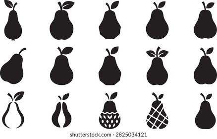 Pear fruit icon set with black silhouettes for fresh produce healthy eating and food design