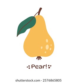 Pear Fruit illustration. Pear icon. Organic vitamins and healthy nutrition. Isolated Pear with green leaf. Flat design, doodle style. Graphic print for t-short. Vector