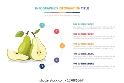 pear fruit infographic template with 5 colorfull bullet number description