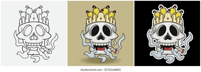 Pear Fruit Inside Skull Head With Smoking Character Cartoon. Black White, Colorful and Sticker Style. For T shirt print, Brand Logo, Label and Mascot product. Vectors Illustrations