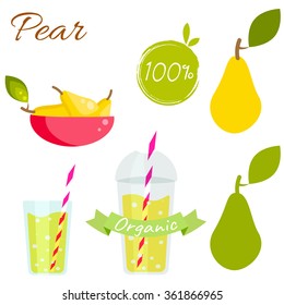 Pear Fruit And Juice Cup To Go Vector Set With Leaf In Bowl. Pear Juice Or Jam Branding Set Silhouette For Package.