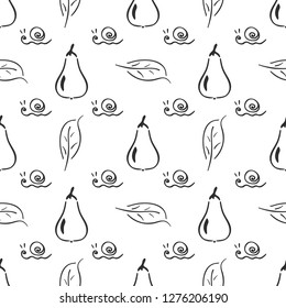 Pear fruit leaf and snail vector seamless pattern. Simplified retro illustration. Wrapping, scrapbook paper background.Childish cartoon style bright garden. Element design, wallpaper, fabric printing.