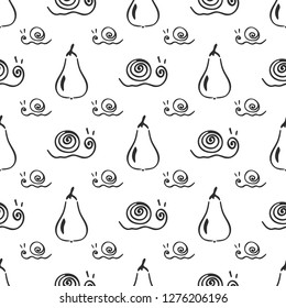 Pear fruit leaf and snail vector seamless pattern. Simplified retro illustration. Wrapping, scrapbook paper background.Childish cartoon style bright garden. Element design, wallpaper, fabric printing.