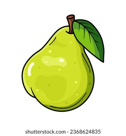 pear fruit with leaves on a white background, light green, fruit flashcard, children  card, vector illustration cartoon 