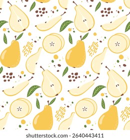 Pear fruit with Leaves, Seamless Pattern. Pear Slice, seeds. Summer Fruit. Vector Illustrations. Summer background