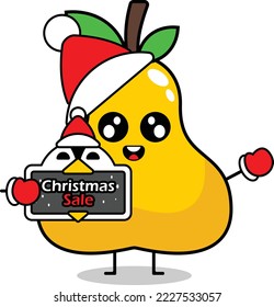pear fruit mascot vector cartoon character wearing a santa hat and holding a christmas sale board