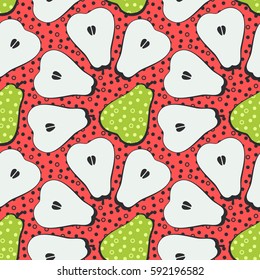 Pear fruit motif seamless pattern. Colorful decoration design background. Trendy memphis style illustration with dots and circles
