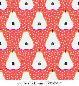 Pear fruit motif seamless pattern. Colorful decoration design background. Trendy memphis style illustration with dots and circles