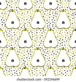 Pear fruit motif seamless pattern. Colorful decoration design background. Trendy memphis style illustration with dots and circles