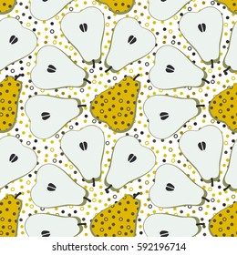 Pear fruit motif seamless pattern. Colorful decoration design background. Trendy memphis style illustration with dots and circles