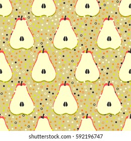 Pear fruit motif seamless pattern. Colorful decoration design background. Trendy memphis style illustration with dots and circles