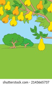 Birnenfrucht auf einem Baumzweig auf einer grünen Wiese, Cartoon, Zeichnung