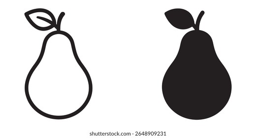 Pear fruit outline and solid black silhouette illustration