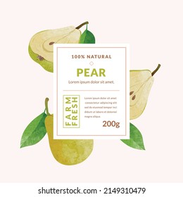 Pear Fruit packaging Label design templates, watercolour style vector illustration.