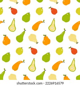 Pear fruit pattern on white background. Food for summer fabric seamless print. Cute cartoon childish hand-drawn fruit for country wallpaper. Autumn harvest texture for cover, case, farm product design