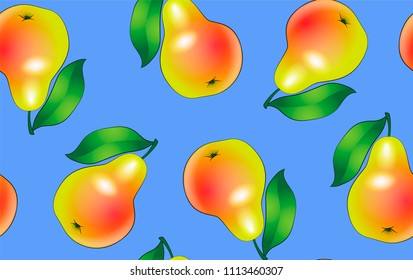 Pear fruit seamless background. Vector illustration of a seamless background of realistic ripe sweet multi-colored pear fruit with green leaf isolated on a blue background.