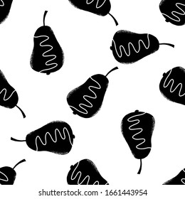 Pear fruit seamless pattern in black and white colors. Textured, modern style. Vector illustration for fashion fabric, wrapping, packaging, surface design, home decor. 
