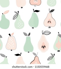 Pear fruit seamless pattern. Hand drawn creative pear vector background. Summer illustration in doodle trendy style and pastel colors.