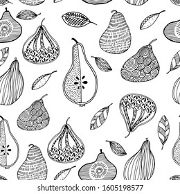 Pear fruit seamless pattern in hand drawn style. Vector illustration. Perfect for print, kitchen, textile