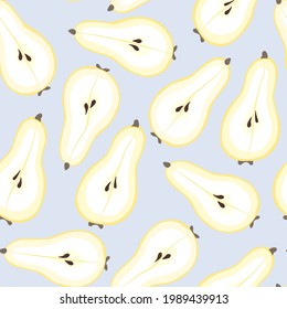 Pear fruit seamless pattern. Hand drawn background. Summer fruit on a blue background