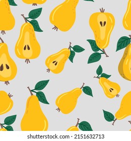Pear fruit seamless pattern. Pear with leaf hand drawn repeated backdrop. Whole fruit and cut half. Food template for background, textile, wrapping paper, wallpaper