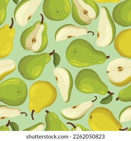 Pear Fruit Seamless Pattern, Ripe, Juicy Pears Arranged In Tiled Design. Summer Fruits Background. Cartoon Vector Illustration