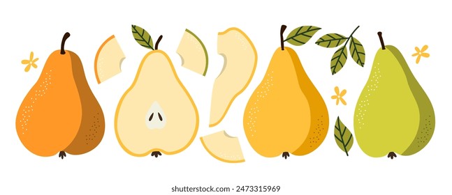 Juego de frutas de pera. Caricatura plana de comida de verano.