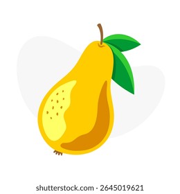 Pear fruit simple illustration. One whole ripe yellow pear with two green leaves. Bright plain colors style