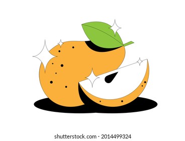 Pear fruit. Сut slice and leaves with pear fruit isolated on white background. For packaging design, advertising of detergents, sweets, food, for cover, print. Vector illustration.