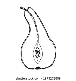 Birne. Früchte, Birnenschnitt. Einzelelement. Handgezeichnet. Doodle, Skizze, Symbol. Vektorgrafik für saisonale Designs, Menüs, Drucke. Auf weißem Hintergrund.