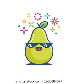 Pear fruit smiling sunglasses kawaii emoticon cartoon illustration isolated on white