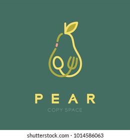 Pear fruit with spoon and fork logo icon outline stroke set design illustration isolated on green background with Pear text and copy space, vector eps10