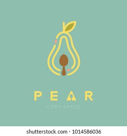 Pear fruit with spoon logo icon outline stroke set design illustration isolated on green background with Pear text and copy space, vector eps10