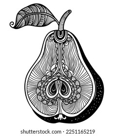Pear fruit vector black white illustration. Vector pear symbol with abstract decor outline style isolated on white background