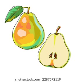 Pear fruit vector illustration. Hand drawn in sketch style. A green pear with a red side. Colorful fruits with outline. Whole fruit with leaf and half isolated on white background.