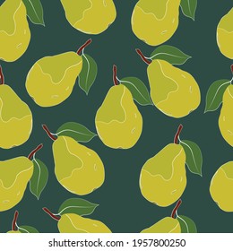 Pear fruit vector seamless repeating pattern with green background. Great as a textile print, fabric, wallpaper, background, packaging or giftwrap. Surface pattern design.