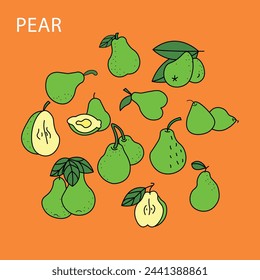 Vector de fruta de pera conjunto de dibujos animados, verdura