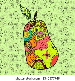 Pear Fruit zentangle stylized, vector illustration, hand drawn. Zen art pear colorful doodle with abstract pattern. Ornamental pattern for print, poster design. Green background with doodle flowers. 