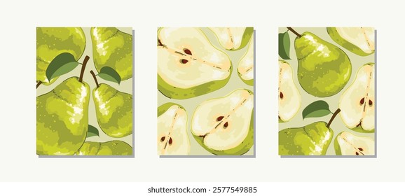 Pear fruits cover background. design fruit decoration vector. decorative graphic design illustration for poster, banner, cover, card, label . Vector illustration