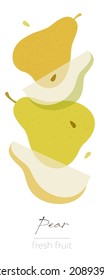 Pear Fruits. Flat illustration. Beautiful transparent whole and cut fruits.