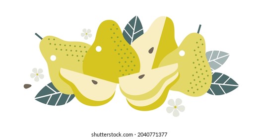 Pear fruits. Flat illustration. Whole and cut fruits, leaves, pear pits and flowers.