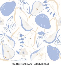 Pear Fruits and leaves blue and beige outline Seamless Pattern. Summer pastel color hand drawn juicy vector illustration on white background for greeting card, fabric, kitchen textile, wallpaper