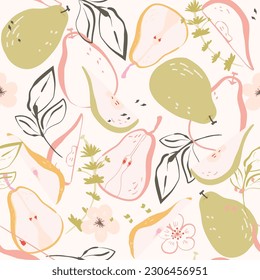 Pear Fruits and leaves outline Seamless Pattern. Summer hand drawn juicy vector illustration on beige background for greeting card, fabric, kitchen textile, wallpaper or wrapping paper