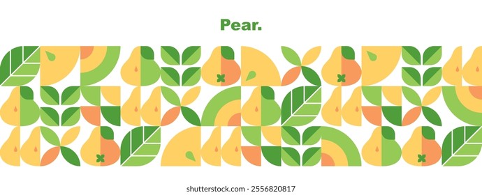 Pear. Fruits, leaves and slices.Banner template.Abstract geometric design.Set of icons in simple flat style.Elements isolated on a white background.Seamless pattern.Organic food.Vector illustration.