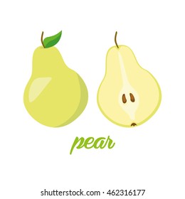 Pear fruits poster in cartoon style. depicting whole and half. fresh juicy. isolated on white background including caption Pear. Vector illustration.