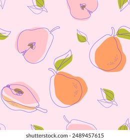 Pear fruits. Seamless pattern background. Hand drawn line vector illustration. Pattern for modern design of fabric, wallpaper, stationery, textile. 