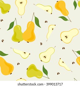 Pear fruits seamless pattern. Full and sliced fresh pears. Orange, green, yellow on beige background.
