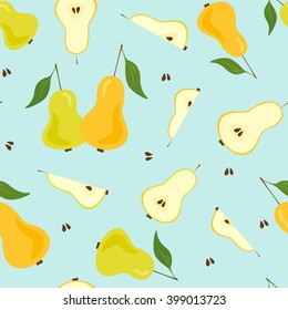 Pear fruits seamless pattern. Full and sliced fresh pears. Orange and green on light blue background.