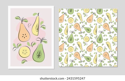 Pear fruits set in flat design. Poster and seamless pattern with pear for fabric, cards, wallpaper in boho style.